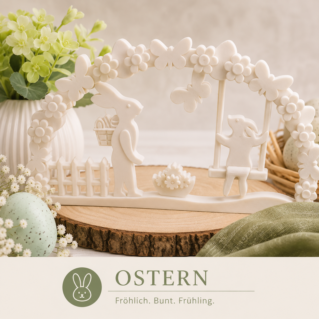 Kategoriebild „Ostern“ mit Osterbogen, Hasen- und Frühlingsmotiven auf Holzscheibe, dekoriert mit Blumen, Eiern und Eukalyptus.