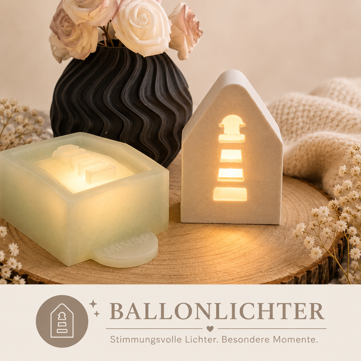 Kategoriebild „Ballonlichter“ mit leuchtendem Deko-Motiv auf Holzscheibe, passend für kreative Lichtdeko aus Silikonformen.