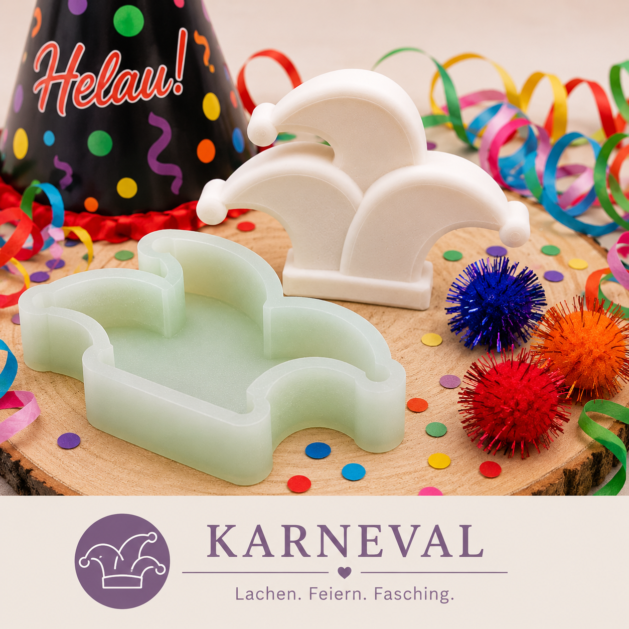 Kategoriebild „Karneval“ mit Narrenkappe, passender Silikonform und buntem Konfetti auf Holzscheibe, dekoriert mit Luftschlangen und fröhlichen Farben.
