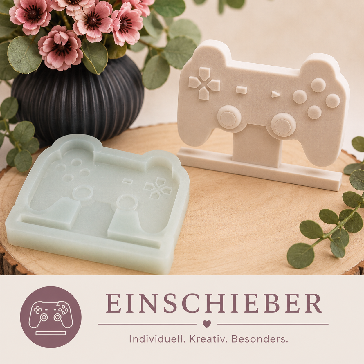 Kategoriebild „Einschieber“ mit verschiedenen dekorativen Einschieber-Motiven und passender Silikonform auf Holzscheibe, dekoriert mit Blumen und Eukalyptus.