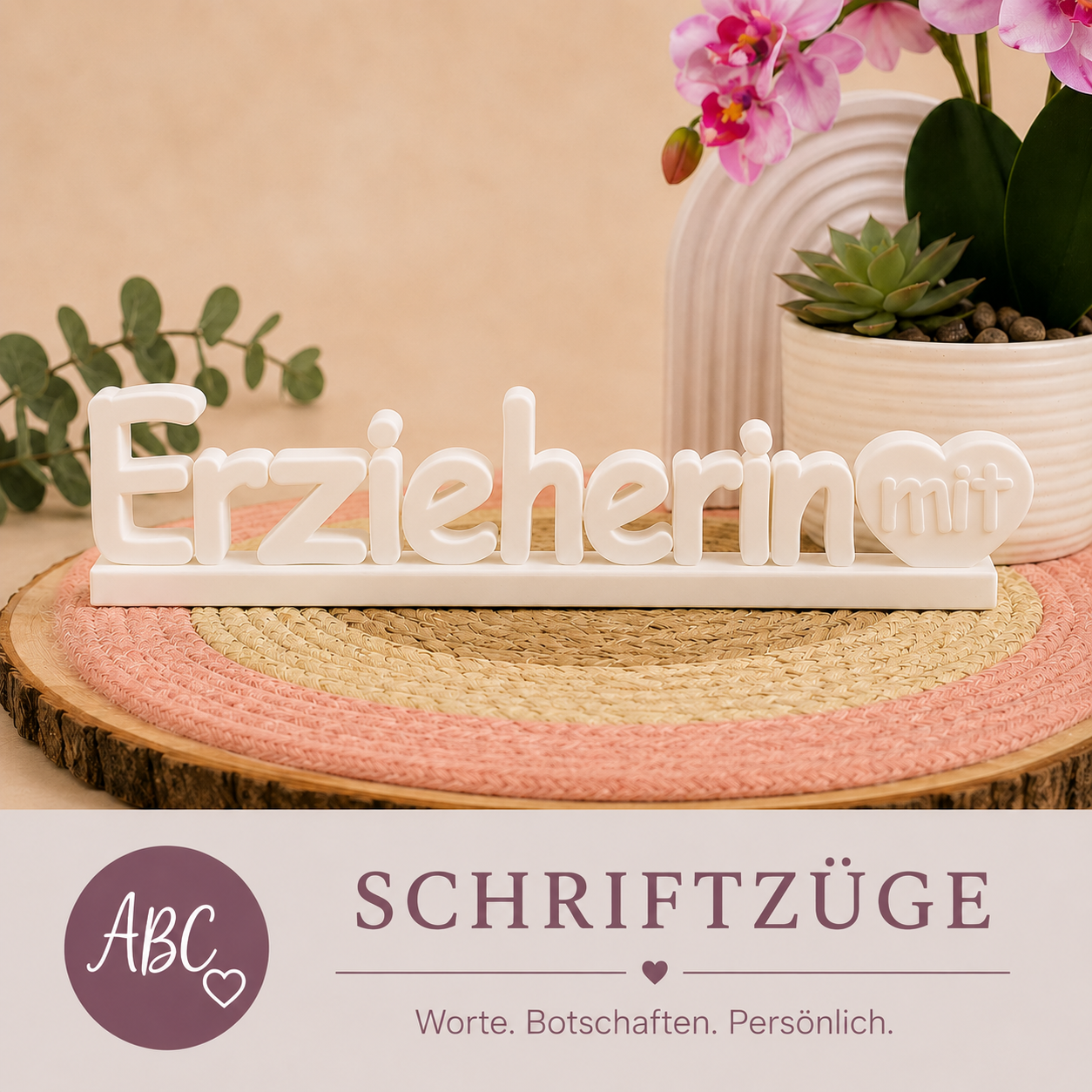 Kategoriebild „Schriftzüge“ mit gegossenem Schriftzug-Motiv auf dekorativer Unterlage, gestaltet mit Pflanzen und warmen Naturtönen.