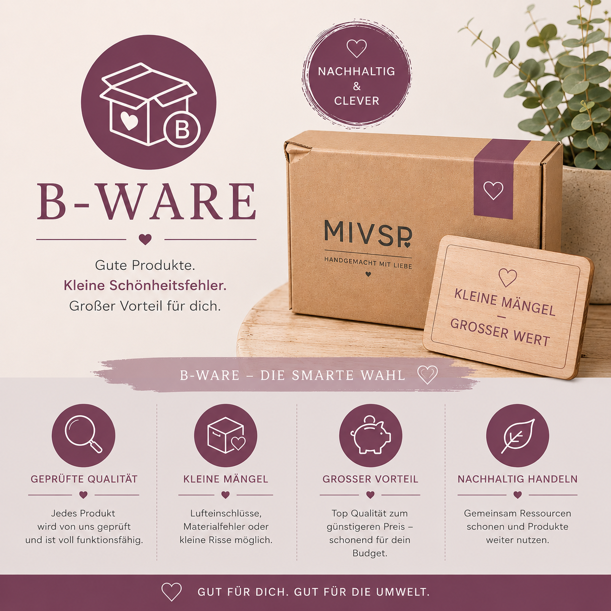Kategoriebild „B-Ware“ mit dekorativen Produkten und Hinweis auf kleine Materialfehler wie Lufteinschlüsse oder feine Risse in modernem, neutralem Design.