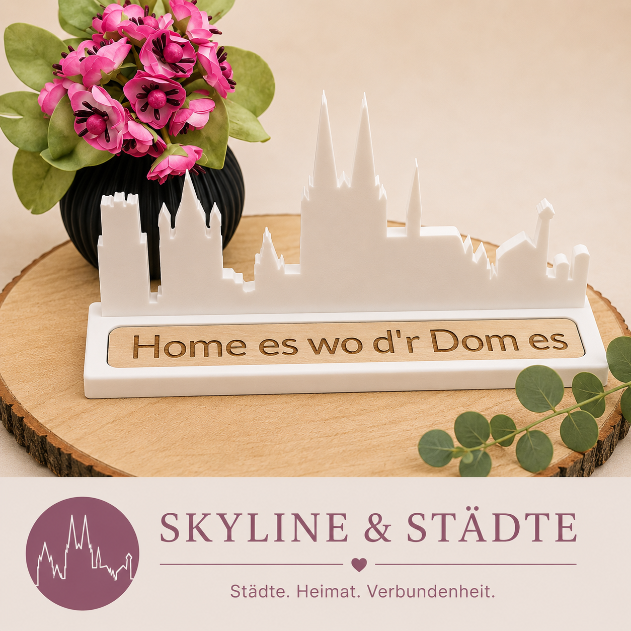 Kategoriebild „Skyline & Städte“ mit gegossenem Skyline-Motiv und passender Silikonform auf Holzscheibe, dekoriert mit Blumen und Eukalyptus.