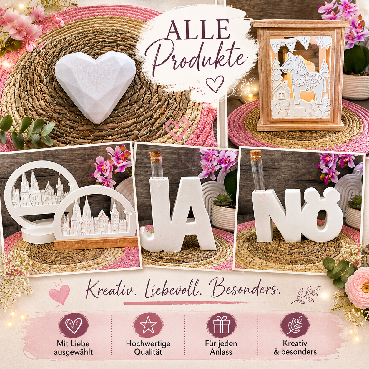 Kategoriebild „Alle Produkte“ mit verschiedenen weißen Dekoformen wie Herz, Skyline, Laterne und Schriftzügen, dekoriert mit Blumen und natürlichen Holzelementen in sanften Pastellfarben.