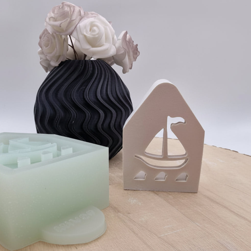 Silikonform Gießform Mini Lichterhaus Boot zum Gießen von stimmungsvoller DIY Deko aus Raysin, Beton oder Gips
