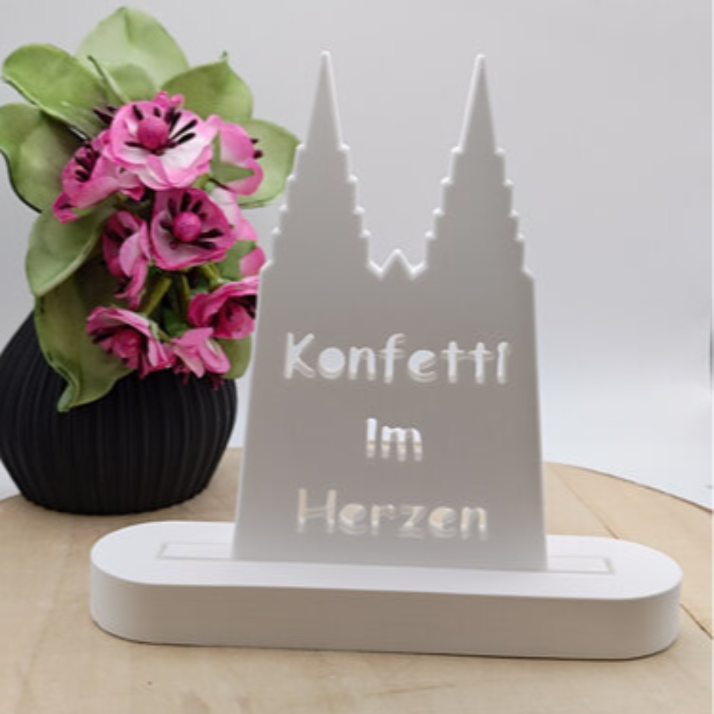 Einschieber Kölner Dom mit Konfetti Herz aus Raysin als dekorative Köln Deko für Karneval, Fasching, Fensterbankdeko und kreative Geschenkideen