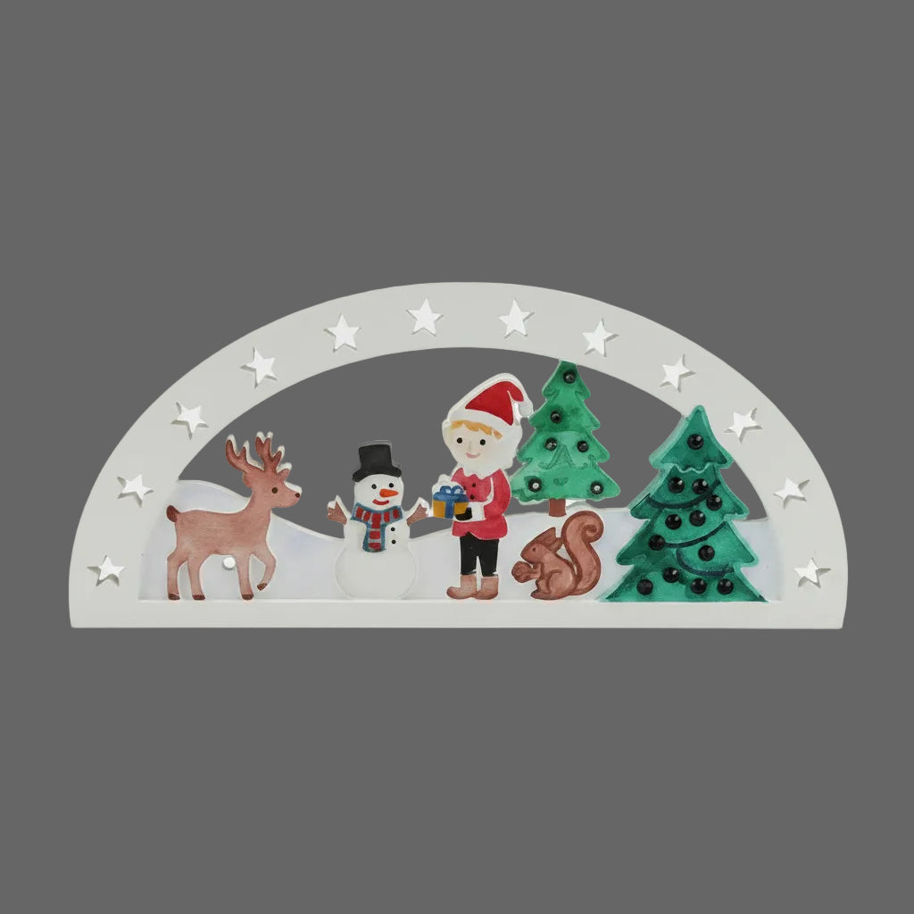 Detailansicht des Elf Motivs im Lichterbogen Schwibbogen für kreative Weihnachtsdeko aus Raysin und Gips
