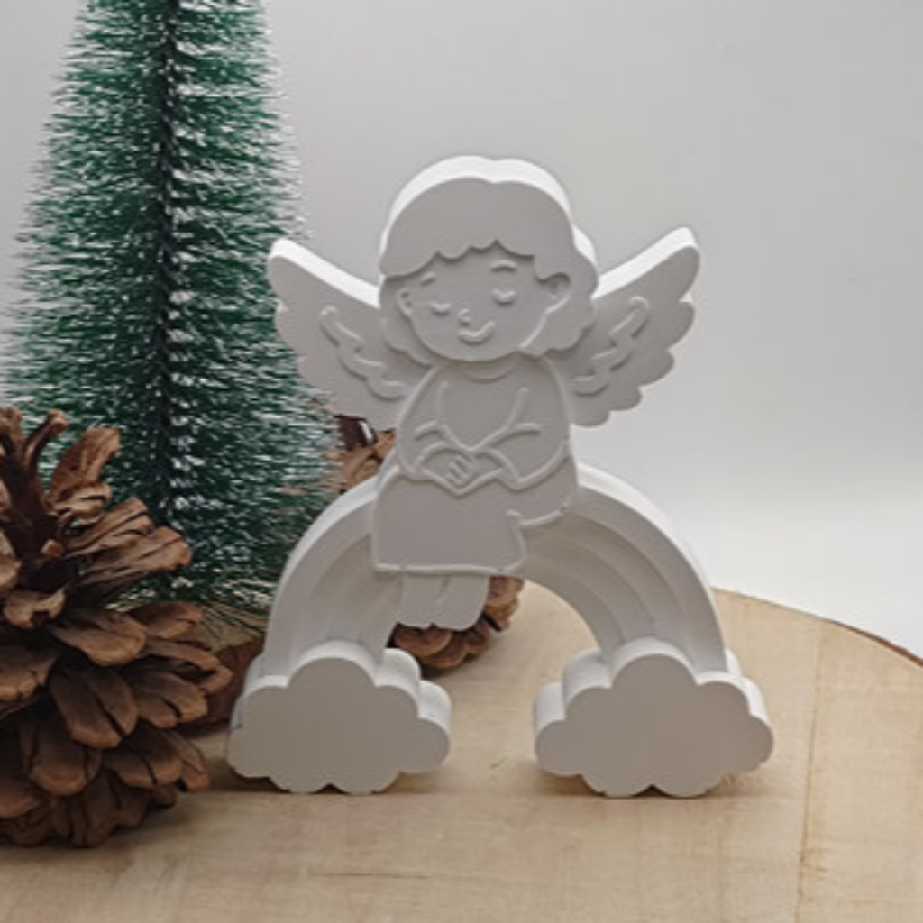 Engel auf Regenbogen aus Raysin als dekorative Schutzengel Figur für Erinnerungsdeko, Geschenkideen, Trauerdeko und liebevolle Wohndekoration