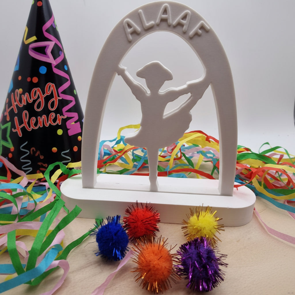 Gegossener Karneval Einschieber Gardemädchen Alaaf als Anwendungsbeispiel für die Silikonform, ideal für DIY Karnevalsdeko aus Raysin oder Beton.