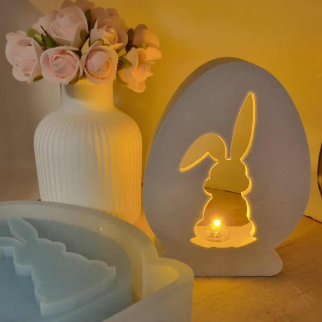 Gegossenes Ballonlicht Ei mit Hase als Anwendungsbeispiel für die Silikonform, ideal für Osterdeko, Geschenkdeko und DIY Lichtdeko.