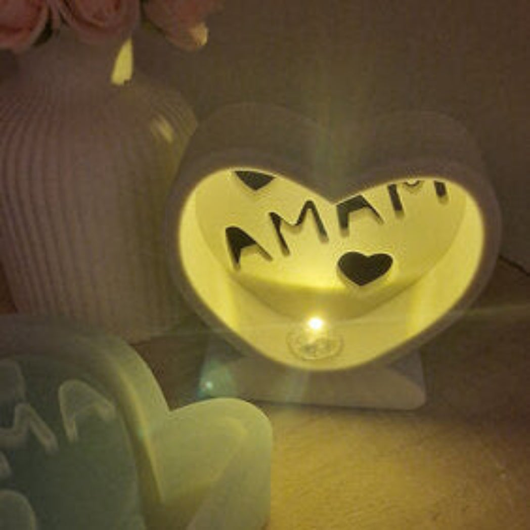 Gegossenes Ballonlicht Herz Mama als Anwendungsbeispiel für die Silikonform, ideal für liebevolle Geschenkdeko und DIY Lichtdeko.