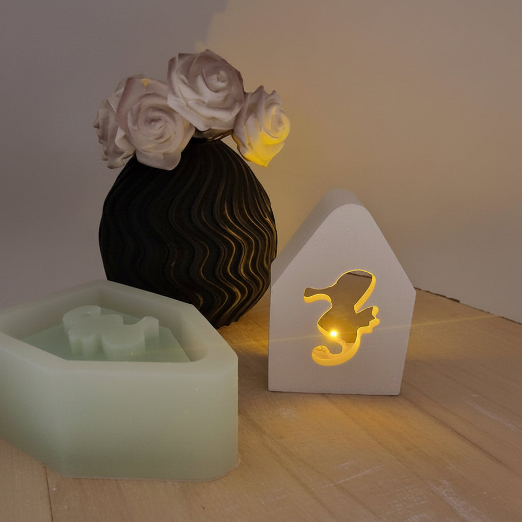 Gießform Mini Lichterhaus Seepferdchen aus Silikon für maritime Deko, Wohn-Deko und kreative DIY Projekte