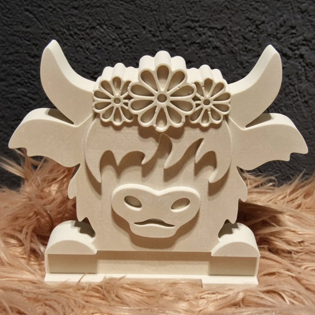 Highland Kuh mit Klötzchen Einschieber aus Raysin als rustikale Landhausdekoration und kreative Geschenkidee für Tierliebhaber und Bauernhof Fans