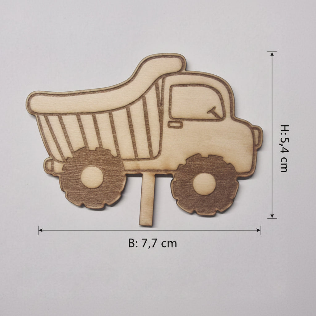 Holz Zubehör mit Fahrzeugmotiven im Lasercut Design für Geburtstagsteller und dekorative DIY Projekte.