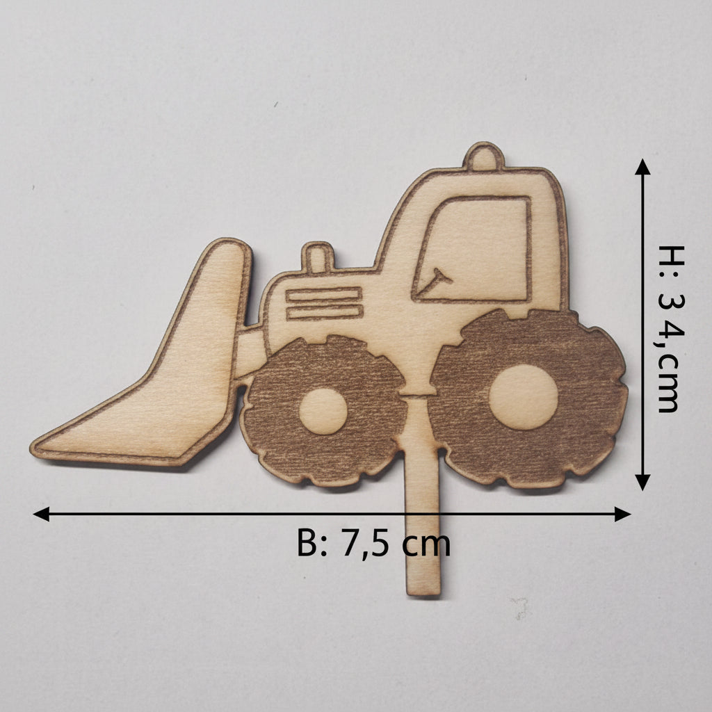 Nahaufnahme von Holzfahrzeugen aus 2 mm Lasercut Holz für DIY Deko, Dekoteller und Geburtstagsteller.