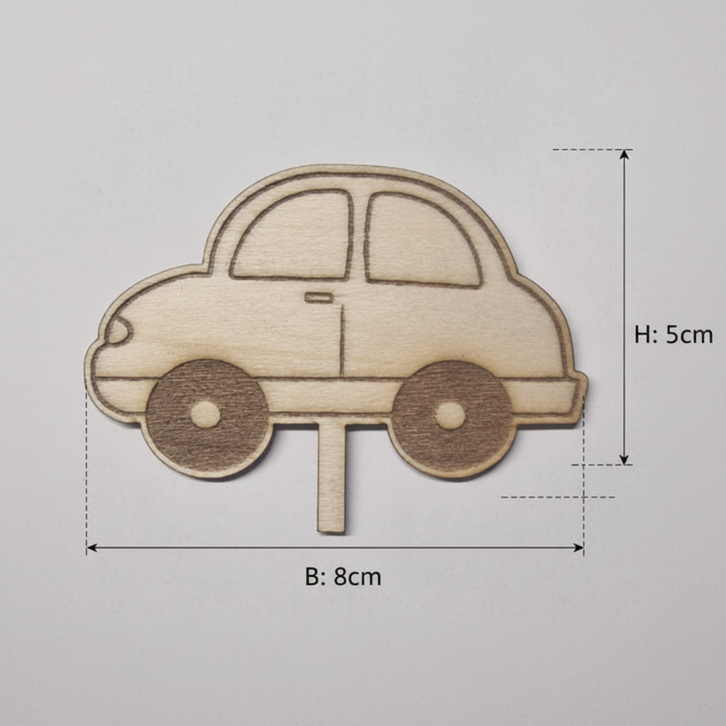 Lasergeschnittene Fahrzeuge aus 2 mm Holz als Deko für Geburtstagsteller, Dekoteller und kreative Bastelprojekte.