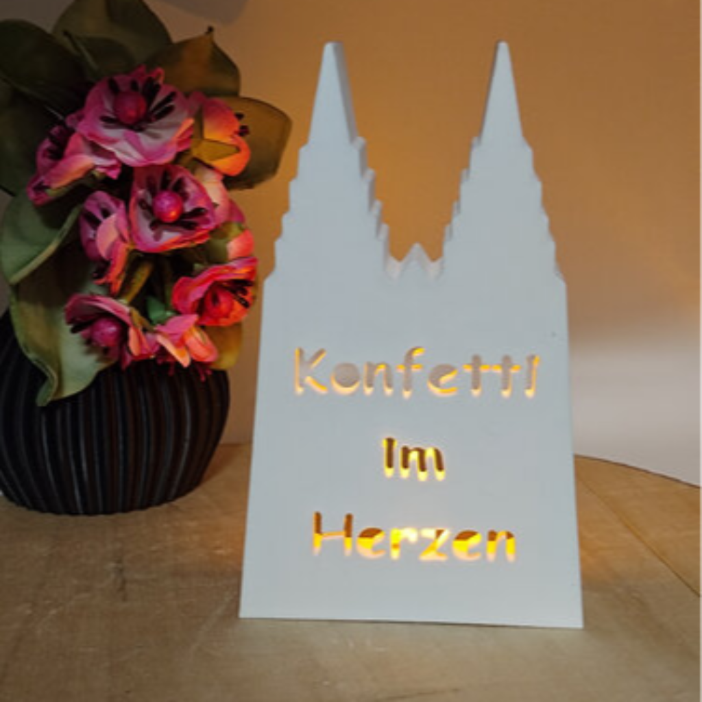Ballonlicht Kölner Dom mit Konfetti im Herzen aus Raysin als originelle Geschenkidee für Köln Fans, Karnevalisten und Liebhaber kölscher Dekoration