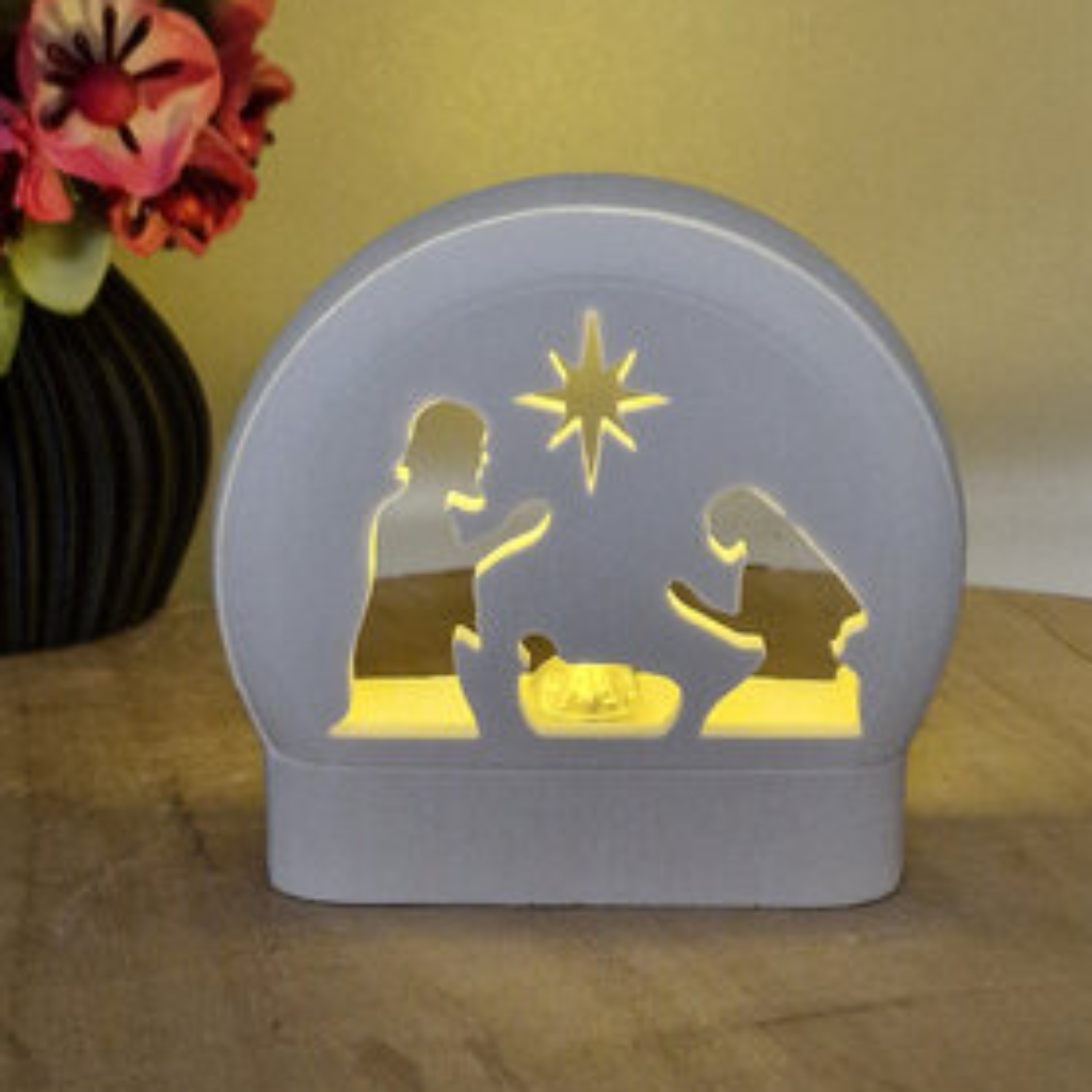Schneekugel Krippe aus Raysin als festliche Leuchtdeko für Weihnachten, Adventszeit, Fensterbank und winterliche Dekoration