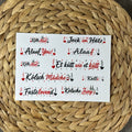 A5 Rub-On-Bogen mit zehn kölschen Karneval-Schriftzügen in Rot, Schwarz und Gold