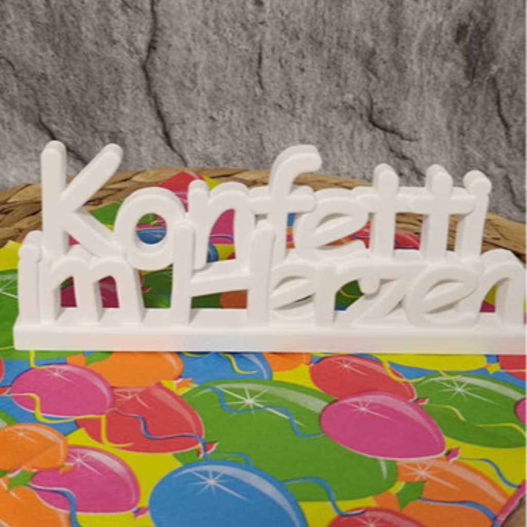 Schriftzug Konfetti im Herzen aus Raysin als dekorative Karnevalsdeko für Köln Fans, Fasching, Fensterbankdeko und kreative Geschenkideen