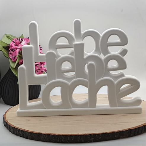 Schriftzug Lebe Liebe Lache aus Raysin als moderne Wohndeko und inspirierende Geschenkidee