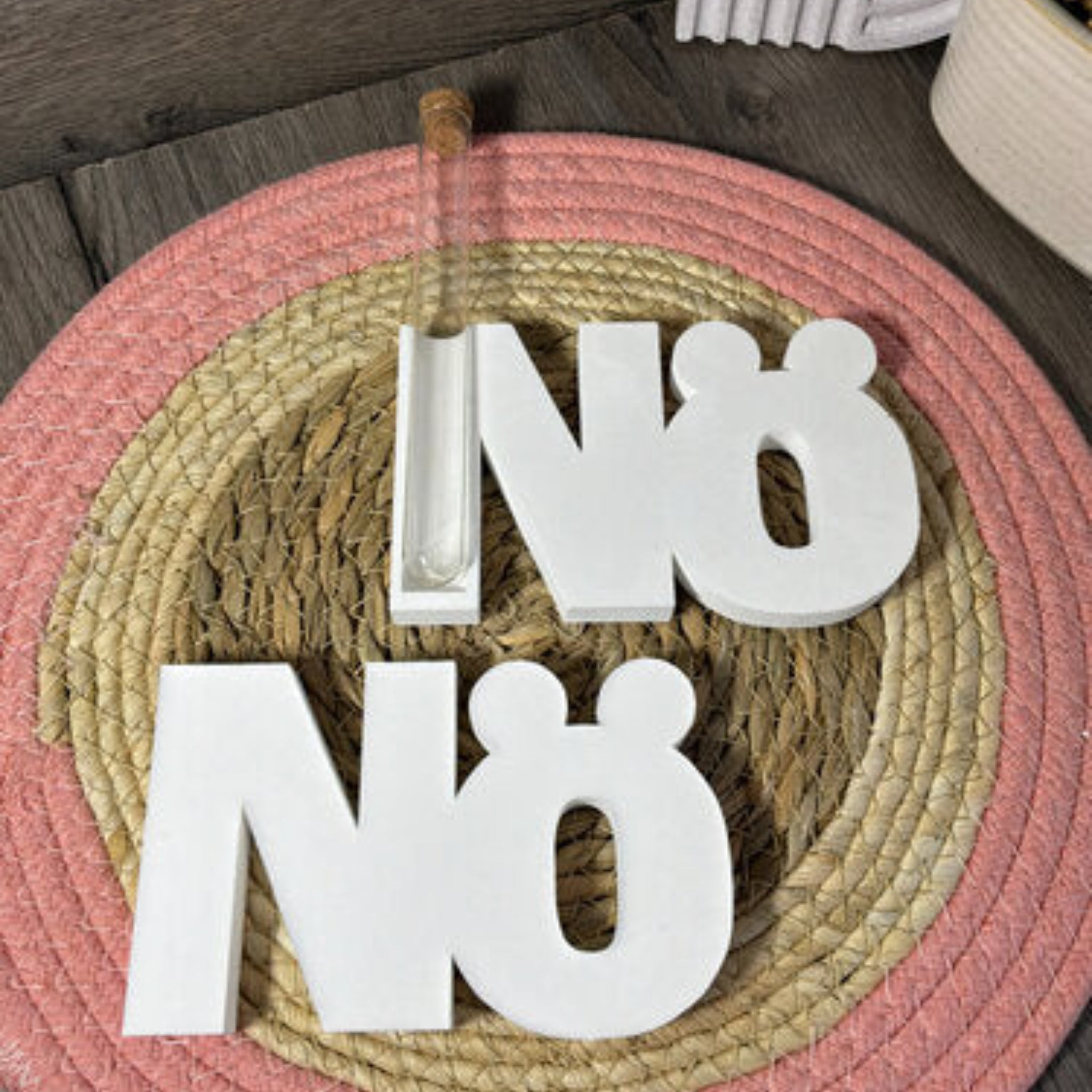 Schriftzug Nö mit Reagenzglasöffnung als kreative Deko aus Raysin, Beton oder Gips für kleine Blumen, Trockenblumen und Geschenkideen.