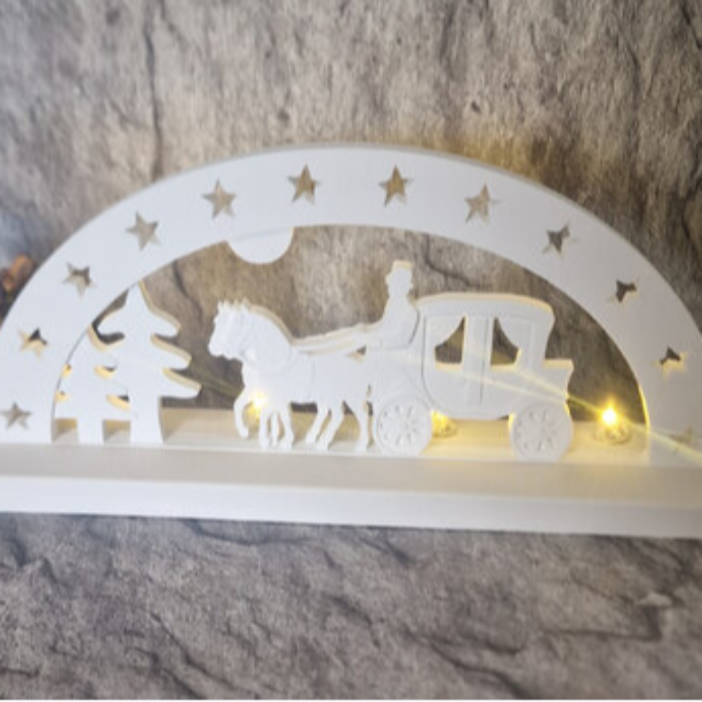 Schwibbogen Kutsche aus Raysin als stimmungsvolle Weihnachtsdekoration für Adventszeit, Fensterbank, Winterdeko und festliche Wohndekoration