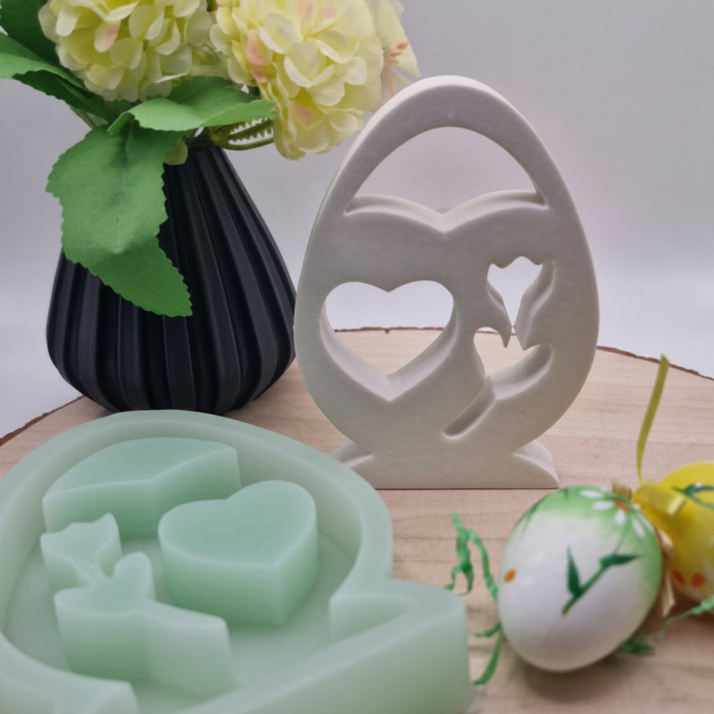 Silikonform Gießform Ei mit Herz zum Gießen von kreativer Osterdeko aus Raysin, Beton oder Gips