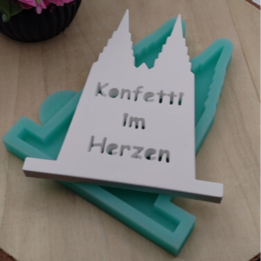 Silikonform Einschieber Kölner Dom mit Konfetti im Herzen für Raysin, Beton, Gips und Keramikpulver – kreative Gießform für Karneval Deko, Köln Deko und DIY Projekte
