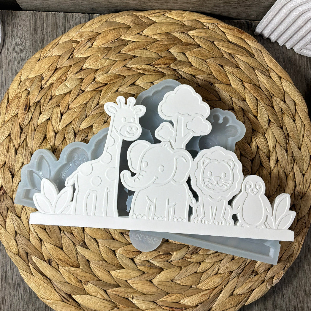 Silikonform Gießform Einschieber Zoo mit Giraffe, Elefant, Löwe und Pinguin für Raysin, Beton, Gips und Keramikpulver DIY Dekoration