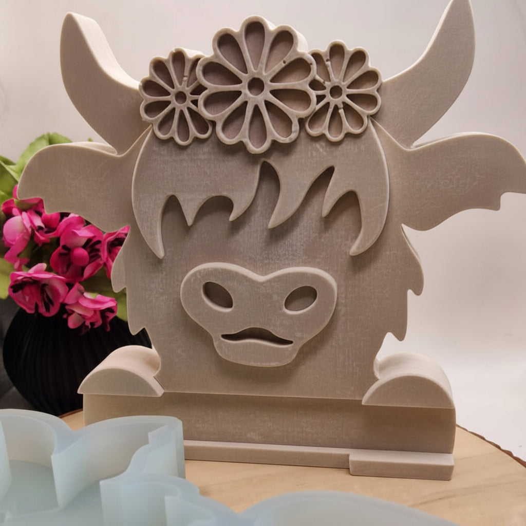 Silikonform Highland Kuh mit Klötzchen Einschieber für Raysin, Beton, Gips und Keramikpulver – dekorative Gießform für Tierdeko, Landhausstil und kreative DIY Projekte