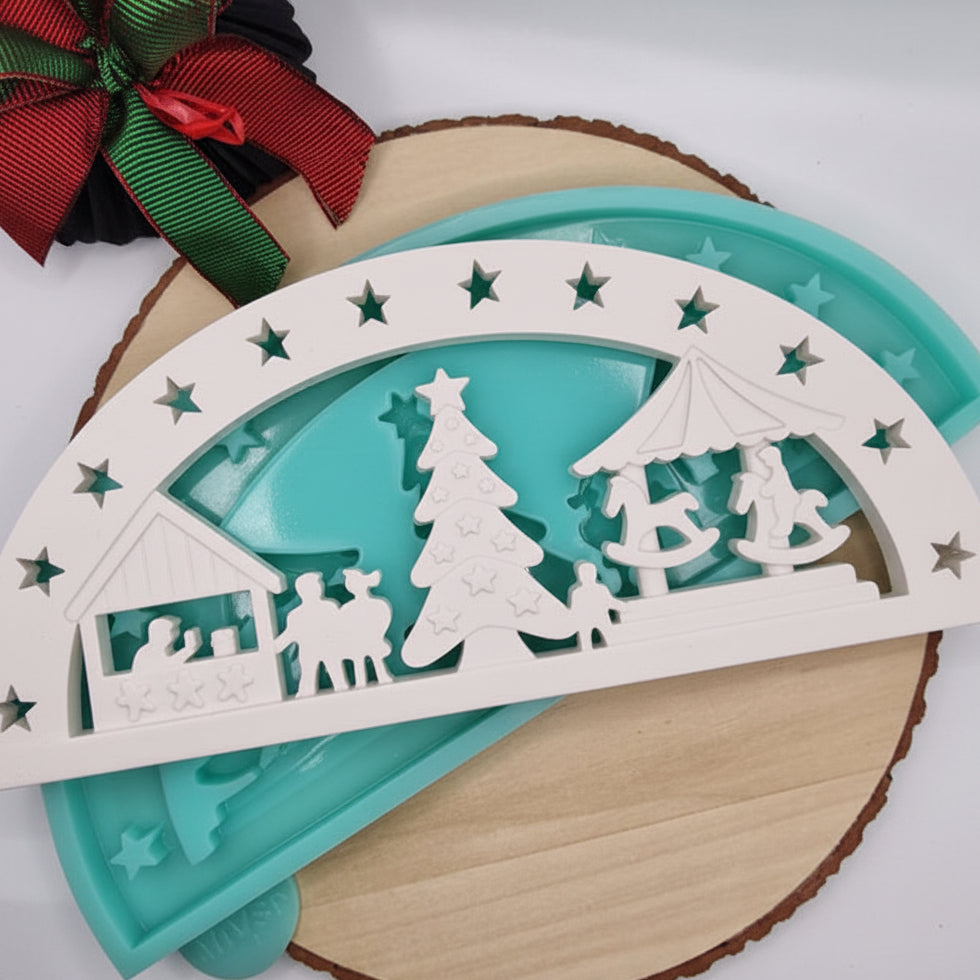 Silikonform Gießform Lichterbogen Schwibbogen Weihnachtsmarkt mit Halterung im Set zum Gießen von stimmungsvoller Weihnachtsdeko aus Raysin, Beton oder Gips
