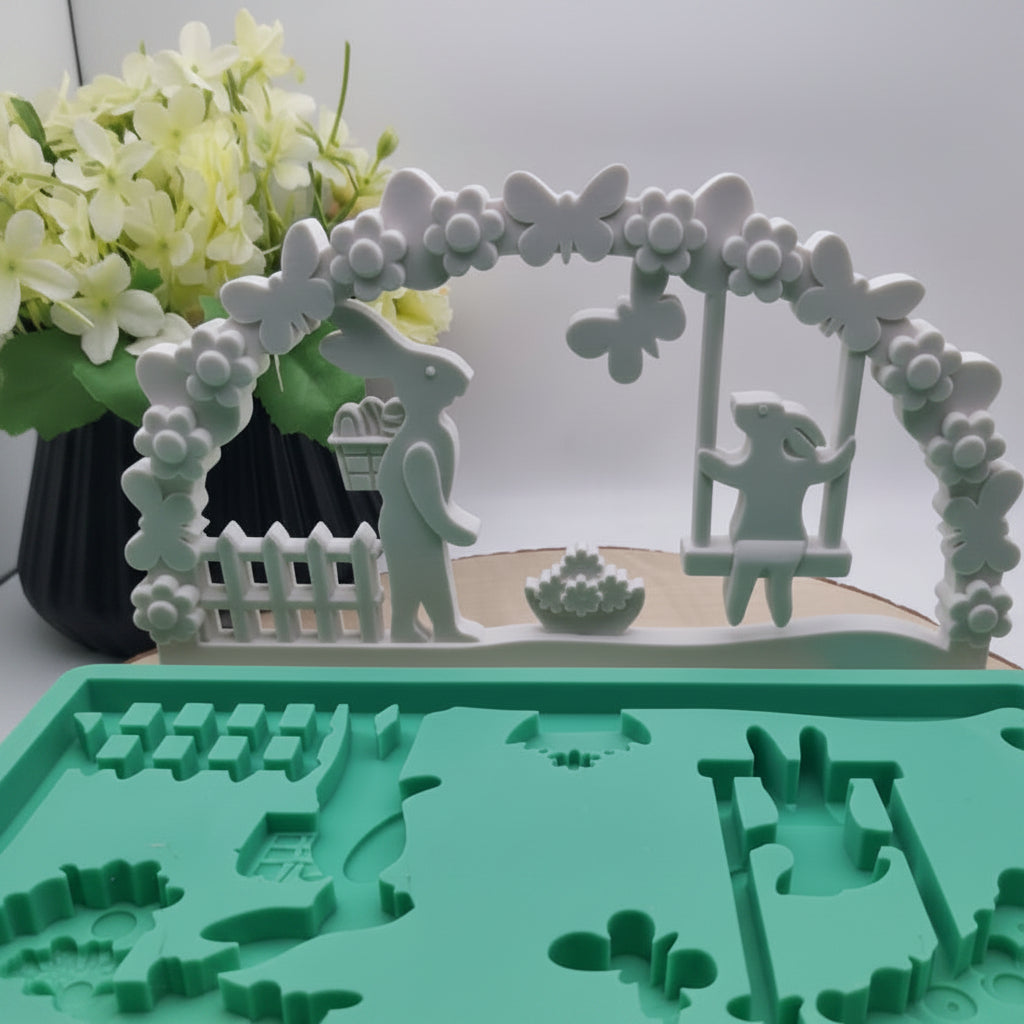 Silikonform Gießform Osterbogen Schwibbogen Hase schaukelnd zum Gießen von kreativer Osterdeko aus Raysin, Beton oder Gips