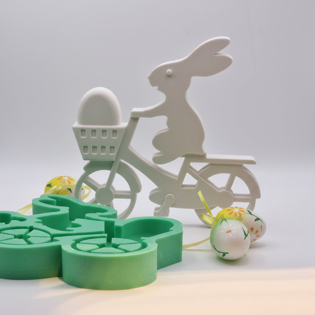 Silikonform Gießform Osterhase auf Fahrrad zum Gießen von kreativer Osterdeko aus Raysin, Beton oder Gips