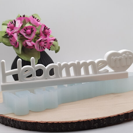 Silikonform Schriftzug Hebamme mit Herz für Raysin, Beton, Gips und Keramikpulver