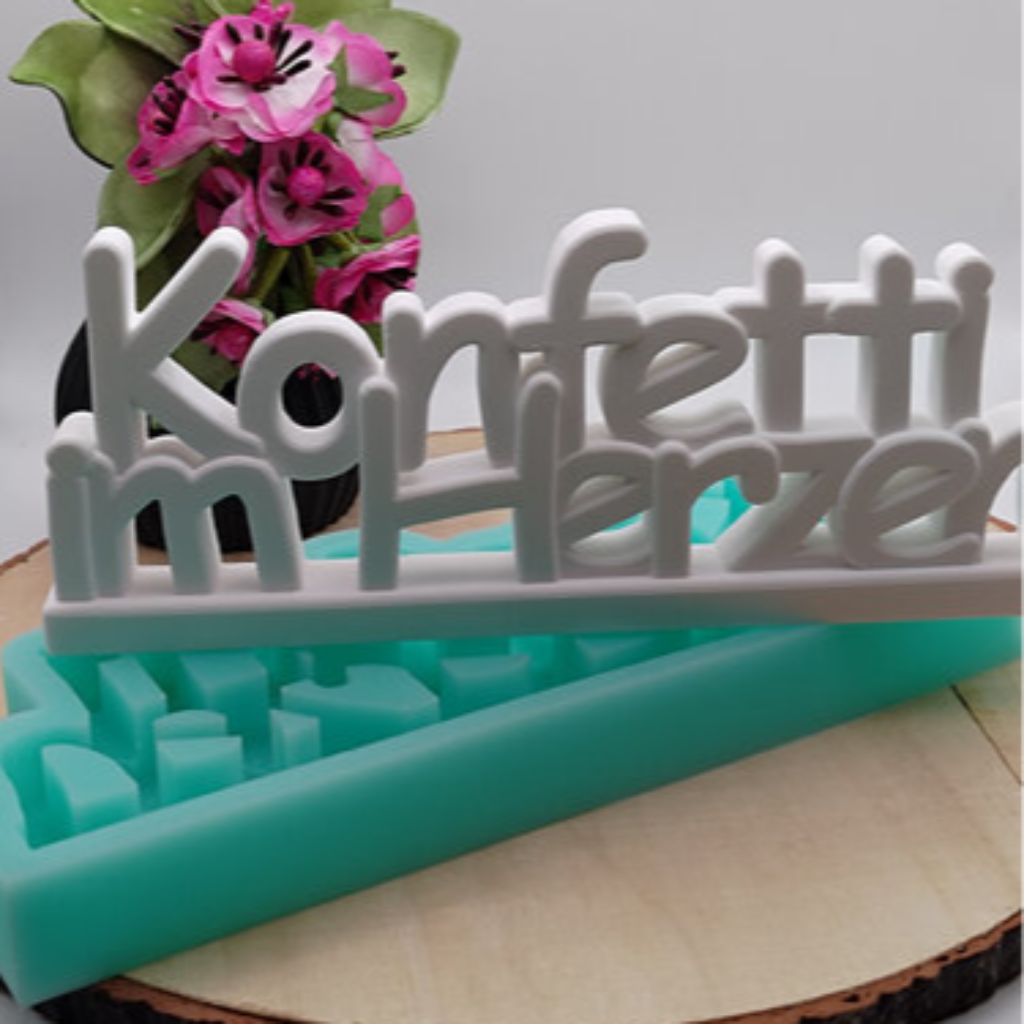 Silikonform Schriftzug Konfetti im Herzen für Raysin, Beton, Gips und Keramikpulver – kreative Gießform für Karneval Deko, Köln Deko und liebevolle DIY Projekte