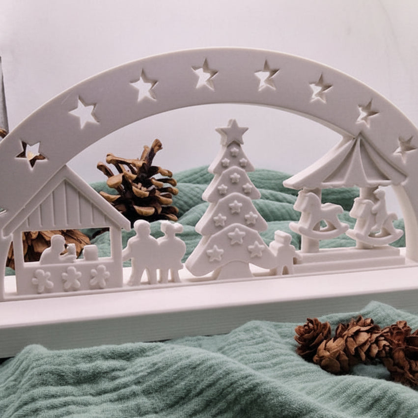 Silikonform Weihnachtsmarkt Lichterbogen Set mit Halterung zum Gießen von festlicher Deko aus Raysin, Beton oder Keramikpulver