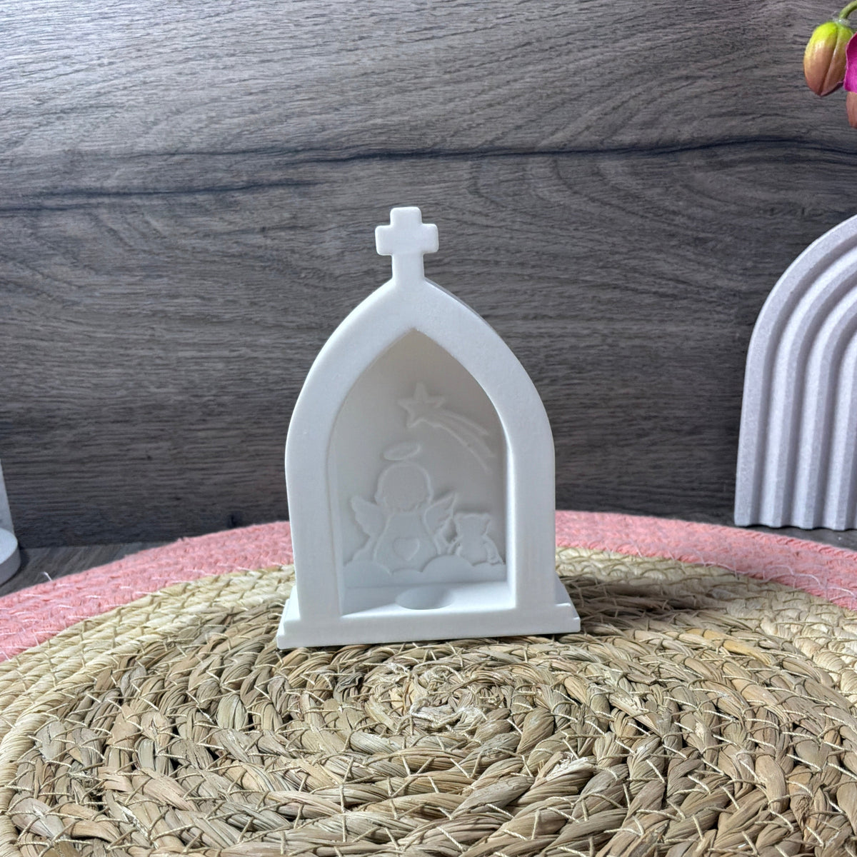 Beleuchtete Sternenkind-Kapelle aus Raysin mit Engel, Baby und Stern